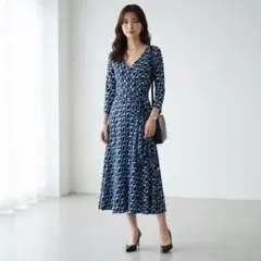 G9720*PLST プラステ☆Aライン☆総柄☆ロング☆ワンピース☆紺 青☆2