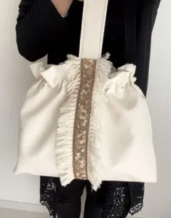 インド刺繍リボン＊フリルバック 帆布 巾着バック フリンジ ワンハンドル