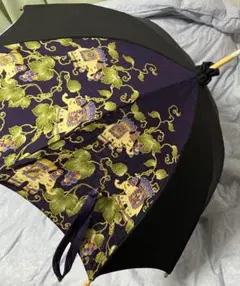 岡重 日傘 更紗 竹製 黒 友禅 和柄 花 ゾウ