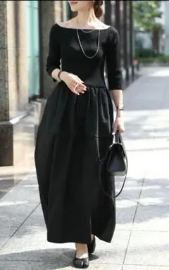 ボンジュールサガン　スクエアネックニットコンビコクーンワンピース　黒