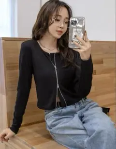SHEIN shein シーイン リブニット ジップアップ ティー　ブラック