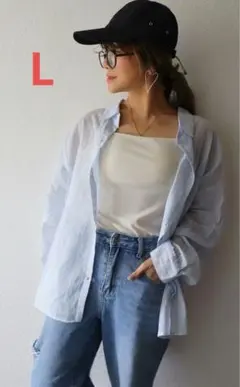 【美品】しまむらaquaist×Nozomi ガーゼストライプシャツ 中青 Lのサムネイル