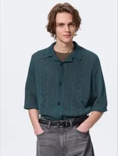 GU ウォッシャブルメッシュニットシャツ ブルー XLサイズ