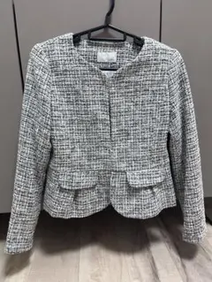 index インデックス ツイード ノーカラー ジャケット ホワイト×ブルー