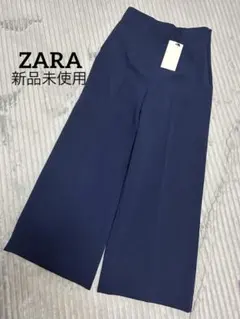 新品　ZARA ワイドパンツ　ネイビー　ハイウエストイージーパンツ