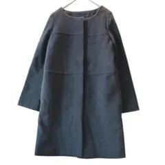 ナチュラルビューティーベーシック グレー ウール混合 ロングコート ノーカラー