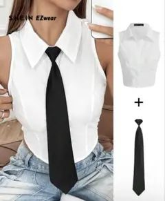 SHEIN shein 　ネクタイ&ブラウス　黒　コスプレ　ノースリーブシャツ