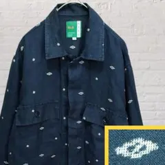 ボックスカット 昭和レトロ y2k ヴィンテージ風 総柄 長袖シャツ 麻 紺系