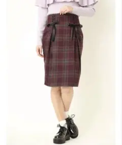 OLIVE des OLIVE バーガンディ・グリーンチェック タイトスカート