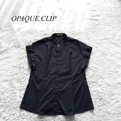 C7【オペークドットクリップ】バンドカラーブラウス　フレンチスリーブ　黒　M