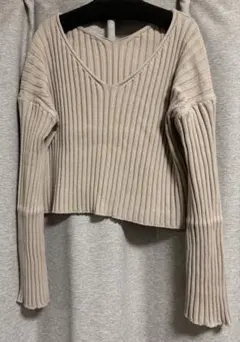 BEAUTY & YOUTH ベージュ Vネック リブ編み セーター