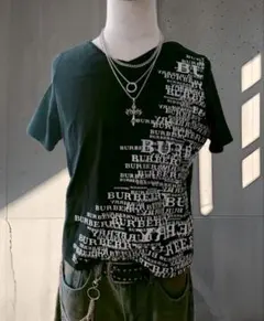 Y2K 00s BURBERRY ロゴプリント Vネック Tシャツ M 黒