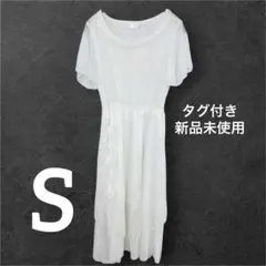 レースワンピース 白 半袖 ウエストリボン シースルー ロング丈