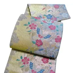 A 17袋帯 六通華紋柄 花草　蝶　正絹　振袖向き