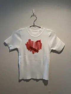 ホワイト 半袖ニット 赤いハート