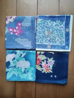 和風柄ハンカチ 4枚セット 紅型調 　花柄 　朝顔　　蝶々