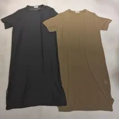 BEAUTY&YOUTH シフォンレイヤードＴシャツワンピース黒カーキ2枚セット