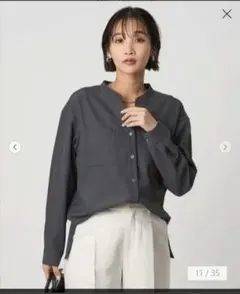 green label relaxing スキッパーポケット長袖シャツ　ネイビーのサムネイル