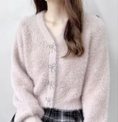 INGNI イング Vネックリボンボタンフェザーニットカーディガン ピンク