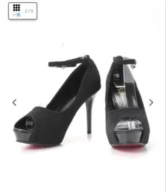 ラメグリッターxメタリックオープントゥキャバヒールパンプス ブラック 23.5