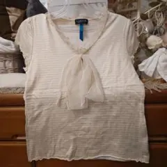 ランバンオンブルー　LANVIN クリーム色リボン付きシャツ 38　ストライプ