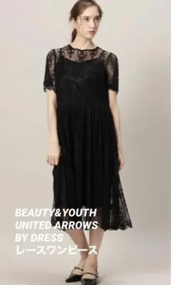 レース 半袖 黒 ワンピース 膝丈