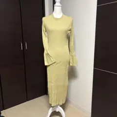【ミラオーウェン】イエローリブ編み長袖ニットワンピース