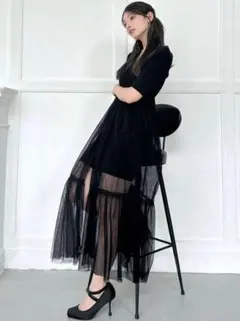 タグ付き RESEXXY ニット コンビレイヤード チュール ワンピース 黒