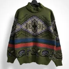 【VINTAGE】90s ネイティブ柄 ペイズリー モックネック デザインニット