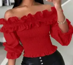 オフショルダー赤フリルトップス