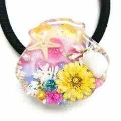 ヘアゴム レジン 貝殻型 マトリカリアと海のゆめかわカラー