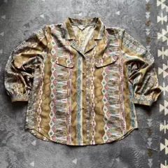 希少 vintage 幾何学模様 長袖シャツ ベージュ オープンカラー レトロ