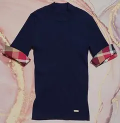 バーバリーブルーレーベル ネイビー ハイネックニット 半袖 Mサイズ チェック