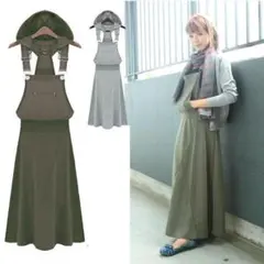 【新品】オールインワン ワンピース ジャンスカ カーキ M 裾ステッチ