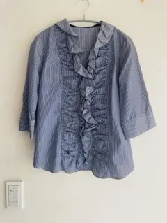 m.f.editorial ストライプフリル　襟五分袖　シャツ