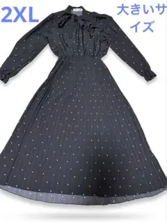 【2XL】ボウタイ リボン プリーツワンピース ドット柄 ブラック 大きいサイズ