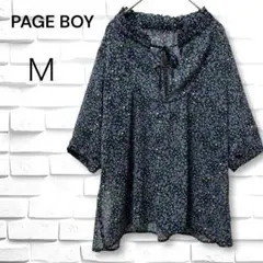 美品✨ページボーイ◆花柄 シフォン 半袖ブラウス(M)ネイビー紫　プルーオーバーのサムネイル