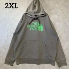 2XL ノースフェイス ビッグロゴスウェットパーカー フェード灰色緑 ゆるだぼ
