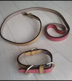 小型犬用SSサイズ 牛革レザー製首輪とリードセット、レッド×ライトブラウン