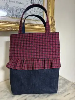 ファミリア風フリル付きトートバッグ 赤とネイビー チェック