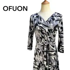 OFUON BASIC ラップワンピース 幾何学柄 七分袖【M】リボンベルト付き