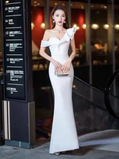 可愛いロングタイトドレス❤️夏の結婚式・パーティに最適✨ワンショル、フリル魅力的