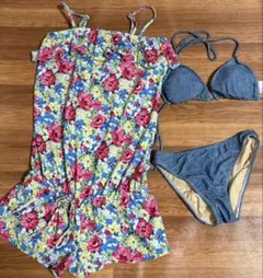 花柄 フリル ビキニ セットアップ 水着 ブルー Mサイズ　9号　タンキニサロペ