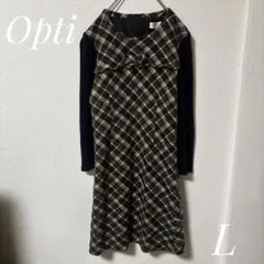 【Opti】オプティチェック柄 長袖ワンピース Lサイズのサムネイル