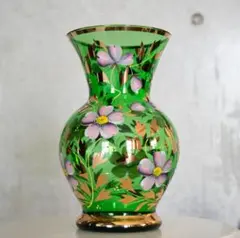 花瓶　チェコ製ボヘミアンガラス　手描きのフラワーベース