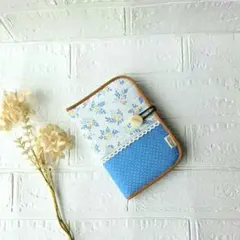 Handmade✡　お薬手帳ケース 　マルチケース　水色小花柄✧