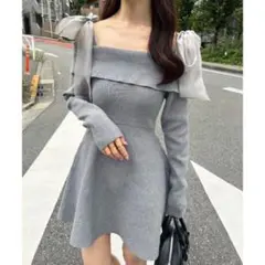 マジェスティックレゴン オフショル ニットワンピース グレー