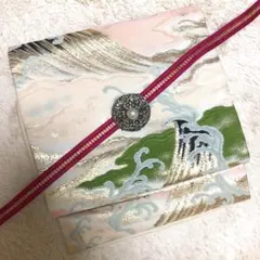 SALE❤️アンティーク　正絹　名古屋帯　象牙色に金銀、桃、緑の荒波