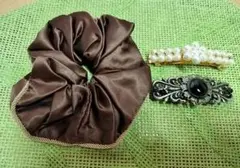 ブラウンシュシュとパールヘアクリップ、オシャレなメタル製クリップ3個セット✨