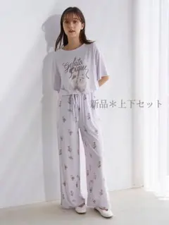 ジェラートピケ キャットプリント ルームウェアセット Tシャツロングパンツセット